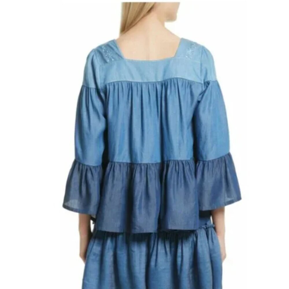 Kate Spade Square Neck Tiered Top Womens Smocked Blue Floral Embroidery Chambray - Picture 2 of 8